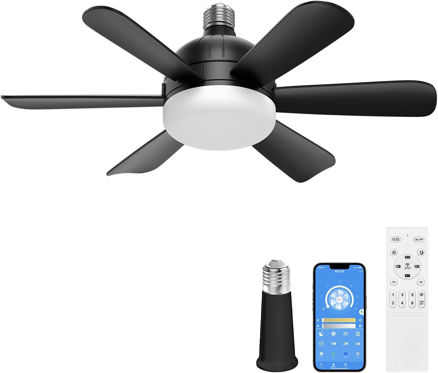ALUOCIY 18 Inch Modern Black Socket Fan Light with Remote and LED Light,3 Colors 3000K-6500K,6 Blades,Light Bulb E26/E27 Screw in,Small Fan for Bedroom,Living Room,Kitchen,Closet,and Garage