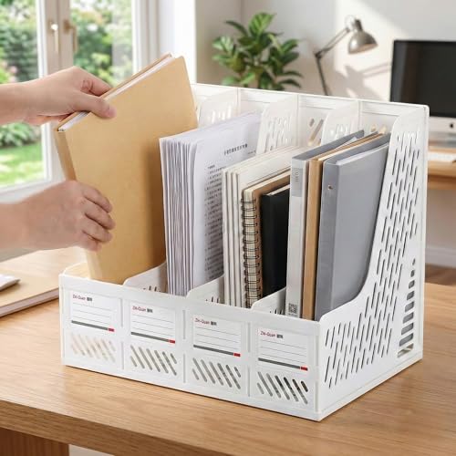 Image of DaKos 4 Compartments File Racks Paper Holder, Desktop Organizers, Letter Organizer, Magazine Book Holder Organizer, Plastic File Rack (White)