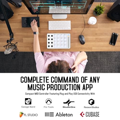Image of Wireless MIDI Controller Pads, Bluetooth Portable USB MIDI Controller with 16 Drum Pads, 8 Assignable Knobs, Note Repeat, Full Level Buttons, Rechargeable battery (White Pad)