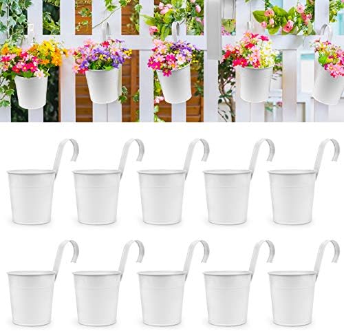 OGIMA 10pcs Hanging Flower Pots, Metal Iron Wall Planter Indoor/Outdoor for Railing Fence Balcony Garden Home Decoration with Detachable Hooks