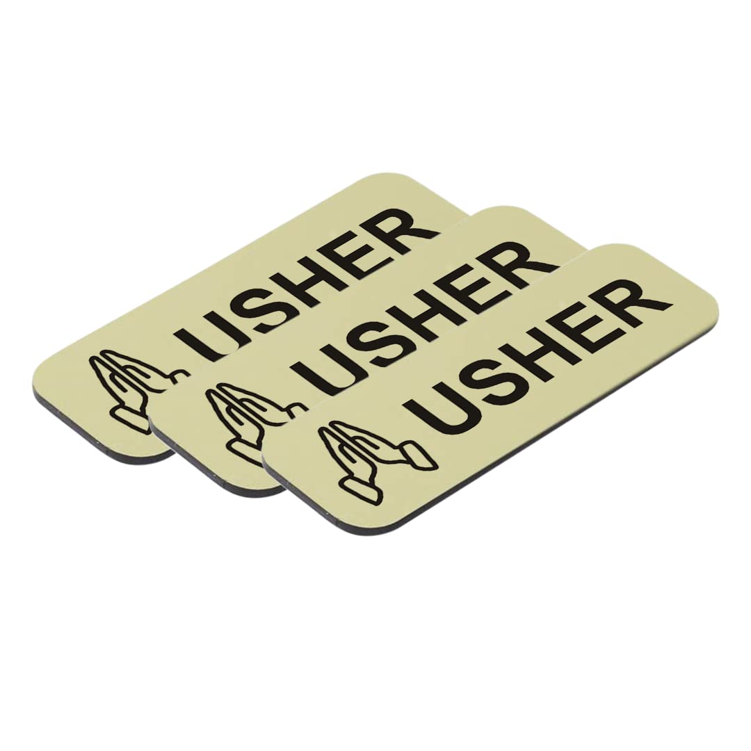 Usher 1 x 3 Name Tag/Badge, Brushed Gold, Praying Hands (3 Pack) — image 1