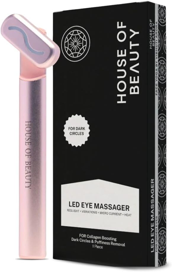 HOUSE OF BEAUTY LED Eye Massager - 4 in 1 Vibration + Heat + Microcurrent + Red light Massage Wand for Reduced Puffiness & Collagen Boost โ Rechargable, Adjustable & Portable for Home Use, 1 Piece