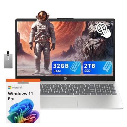 Image of HP 15.6 inch HD Touchscreen Laptop, Intel i3-1215U, 32GB DDR4 RAM, 2TB PCIe SSD, Intel UHD Graphics, Full-Size Keypad, 720p HD Camera, Wi-Fi 6E, Windows 11 Pro, Silver, 32GB Hotface USB Card