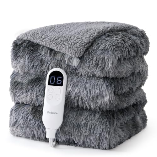 Bedsure Faux Fur Heated Blanket Twin Size, Long-Pile Electric Blanket, Grey