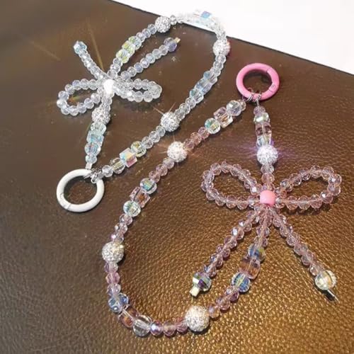 Image of Phone Charm with Beaded Chain | Acrylic Phone Strap for Mobile Keys & Bags | Decorative Wrist Strap | Lanyard Charms | Keychain Accessory for Women Girls (Crystal-Clear-Bow)