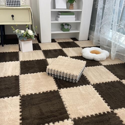 ouxei 24 Piezas De Alfombras Entrelazadas Esponjosas De 30 X 30 X 1 Cm, Tapetes De Rompecabezas Suaves(Gray Apricot)