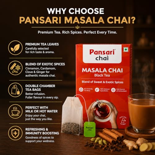 Image of Pansari Masala Chai - 25 Premium Tea Bags | Aromatic Blend of Black Tea & Indian Spices | Cinnamon, Cardamom, Clove & Ginger | Refreshing & Immunity-Boosting Spiced Tea
