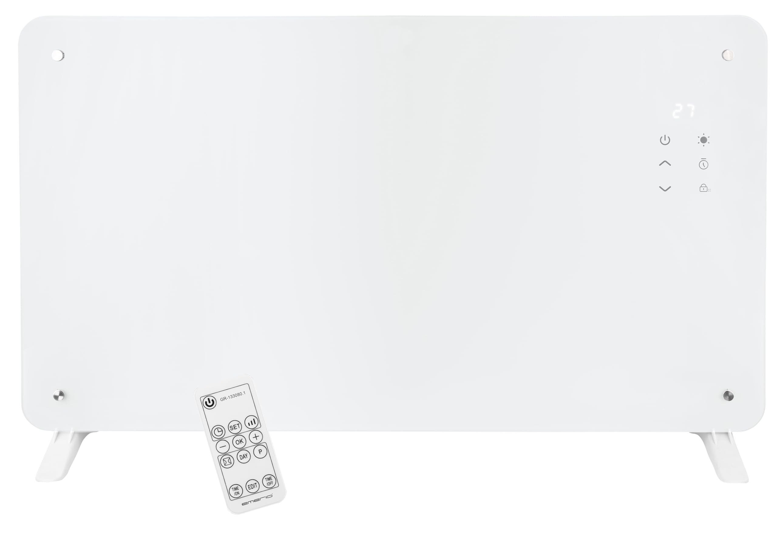 EMERIO - Radiador eléctrico con convector de cristal, 76,5 x 47 cm, mando a distancia, calefacción eléctrica en pie o pared, pantalla LED, termostato de 10 a 35 °C, temporizador 24 h, 2000 W, IP24, GR