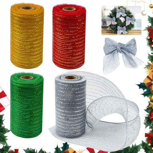 YBCCBY 4 Rolls Poly Mesh Ribbon Christmas Deco Mesh Rolls 15cmX9m Stripe Deco Mesh Rolls Red, Gold, Green, Silver Decorative Mesh Fabric Ribbon for Christmas Decoration Wreath Making,Garland,Bow