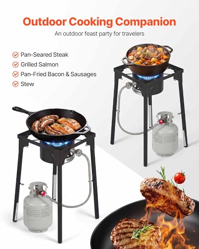 Image of VEVOR Single Burner Outdoor Propane Gas Stove, 100,000 BTU Propane LPG Gas Camping Stove, Heavy Duty Carbon Steel Outdoor Cooker, with Tall Stand & PSI Regulator, for BBQ Camp Home Patio RV Cooking