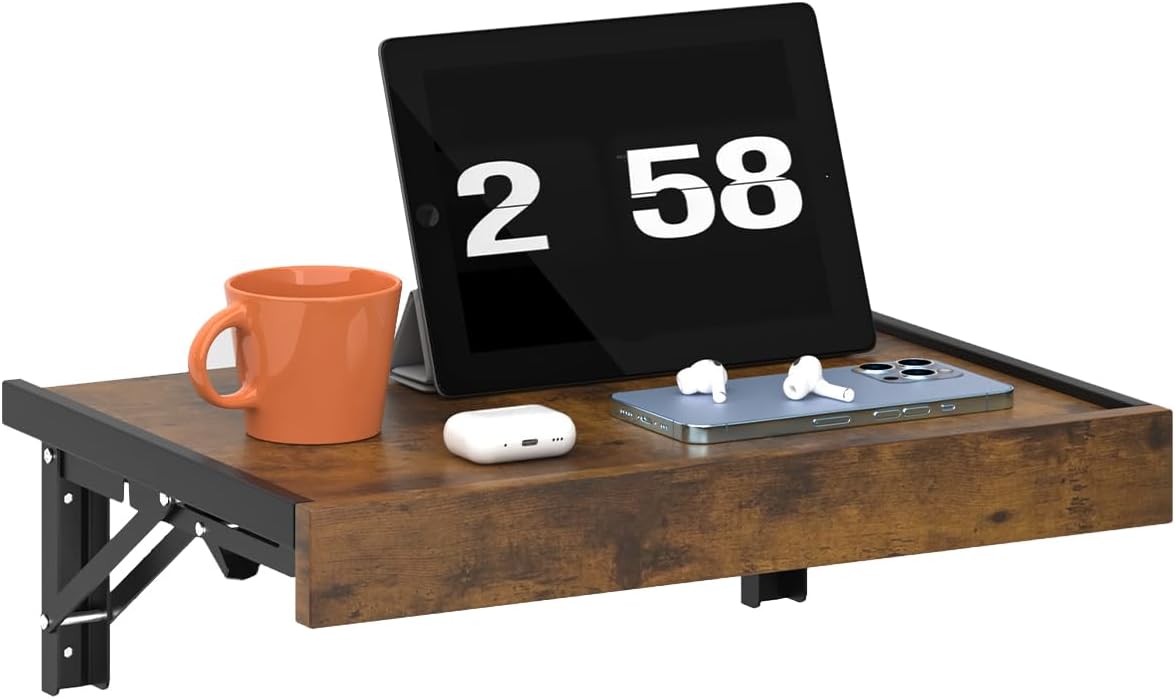 TEAMIX Wall Mounted Bedside Shelf, Wood Floating Nightstand, Folding Bedside Table for Small Space Bedroom, Living Room Organizer Storage Phone,Glasses, Books (Brown, Basic)