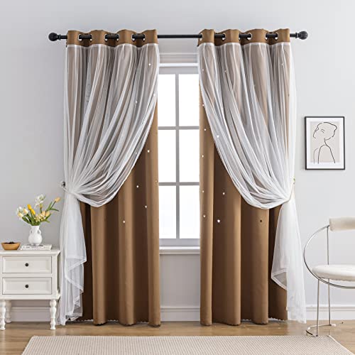 Image of indistar Star Cutout Kids Window Blackout Curtains for Girl Bedroom Window Room Darkening Curtains & Drapes Baby Nursery Curtains (2 Panel,52Wx72L inch,Coffee)