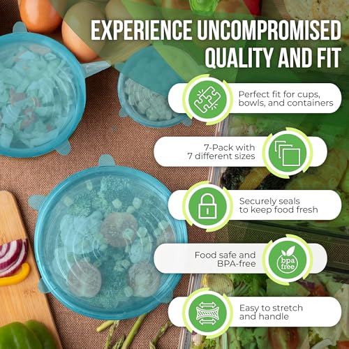 Image of Reusable Silicone Stretch Lids for Food Storage in Fridge - Elastic Heat-Resistant Bowl Covers, Cups, Cans, Jars - Universal Food Grade Lid for Containers - 7 Pack - Blue Mist Stretchy Lid Set