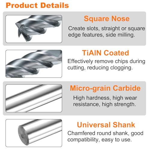 Image of HARFINGTON Carbide Square Nose End Mill Bit 3 /8 inch Cut Dia 4 Flutes TiAlN Coated Milling Cutter for Hardened Steel Metal (3 /8 inch Shank 1 inch Cut Length 4 inch Long 45 Degree Helix HRC53-55)