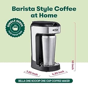 BELLA One Scoop One Cup Coffee Maker Single Serve Brewer with Adjustable Drip Tray and Permanent Filter Dishwasher Safe Stainless Steel and Black