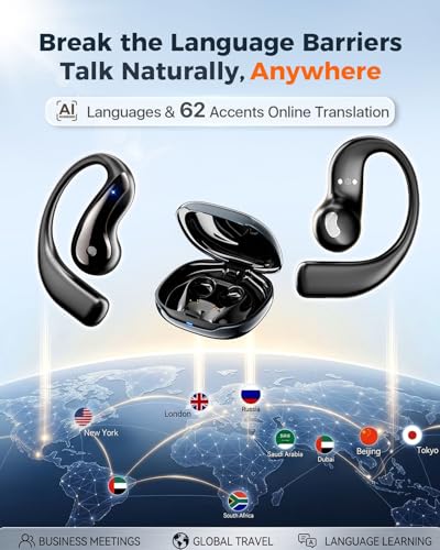 Image of Open Ear Wireless Translation Earbuds with 77 Languages & 62 Accents, 3-in-1 Bluetooth Earbuds with Powerful Clear Sound, No Subscription AI Translator Earbuds,60H Playtime for Travel Business