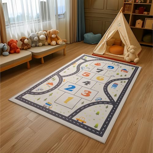 Image of Navaris Car Play Mat - Kids Car Rug with Anti-Slip Particles - Easy to Clean Playroom Rugs - Playmat Perfect for Children's Bedrooms, with Hopscotch Design
