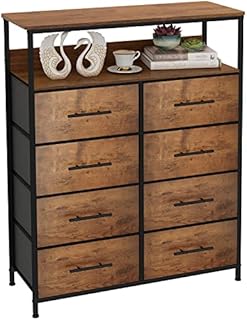 WARM&LOVE Fabric Chest of Drawers for Bedroom, Rustic Industrial Dresser with 8 Drawers, Tall Storage Organiser Unit with Wood Top for Living Room Nursery Hallway, Easy to Install