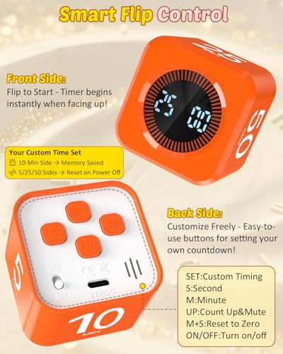 Image of Digital Pomodoro Timer Cube 5 /10 /25 /50min, Visual Productivity Flip Timer for Kids Classroom Desk, Custom Countdown, Silent and Sound Mode for ADHD Study Work Game Kitchen (Orange)