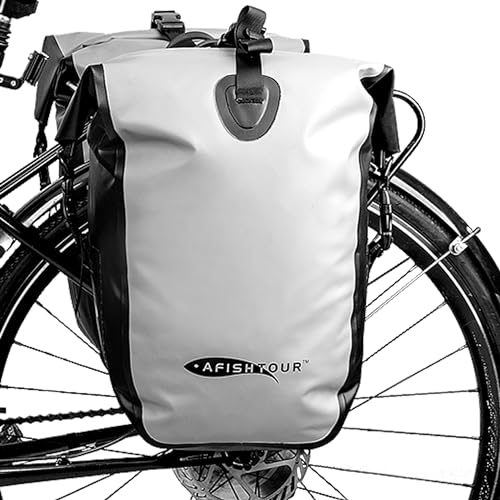 【AFISHTOUR】 25L 自転車パニアバッグ 防水のサイドバッグ 反射マーキング リアシートバッグ 付き ロードバイク乗り、通勤、アウトドアキャンプに適用(グレー,1個)