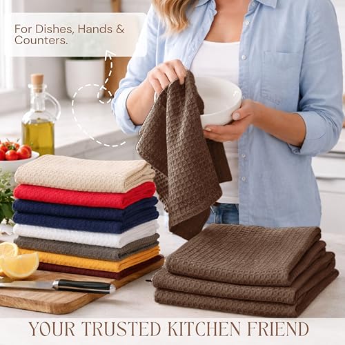 Image of Brown Kitchen Towels - Waffle Weave, 100% Cotton, Soft & Absorbent, Fast Dry, Durable, 16x26 Inches, Perfect for Dish Drying, Bar, Cleaning, Hand Wipe and Everyday Use, Set of 12