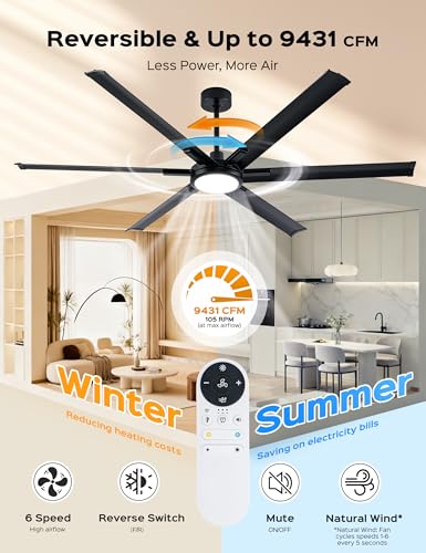 72 Inch Outdoor Ultra-Thin Ceiling Fan with Light,6 Black Aluminum Blades - image 7