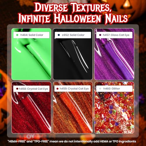 Image of Beetles Halloween Gel Nail Polish Set, 6 Colors Black Orange Purple Green | for Spooky Nail Art, Fall Pumpkin Ghost DIY Manicure, UV LED Soak Off Gel Polish