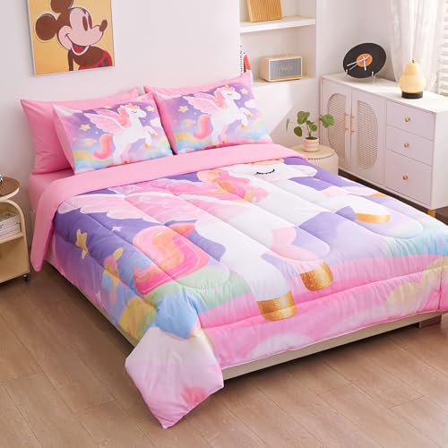 Image of Queen Bedding Sets for Girls 7 Piece,3D Colorful Unicorn Comforter Set for Girls, Ultra Soft and Fluffy, Pink & Rainbow Bed in a Bag with Comforter Sheets Pillowcase & Sham