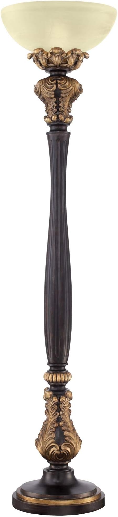 Rita Traditional Victorian Torchiere Floor Lamp 75" Tall Carved Wood Amber Glass Shade Foot Dimmer Standing Light for Cottage Core Living Room Reading House Bedroom Home Office