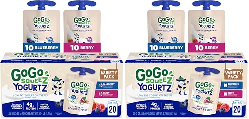 Image of GoGo squeeZ yogurtZ Variety Pack,Blueberry & Berry,3 oz,Kids Snacks Made from Real Yogurt and Fruit,No Fridge Needed,Gluten Free,Nut Free,Recloseable Cap,BPA-Free Pouches,(Pack of 40)