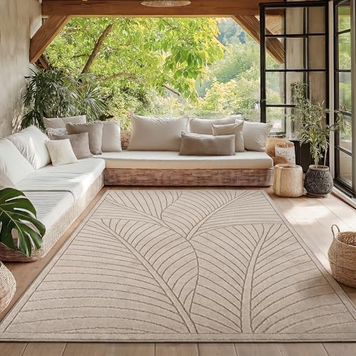 HomebyHome Tapis 160x230 cm Beige, Poils Courts Effet 3D Relief, Style Bohème Scandinave, pour Salon, Chambre, Cuisine ou Balcon