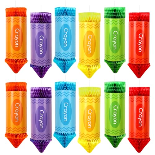 Image of 12 Pcs 100 Days of School Decorations, Colorful Crayon Pencil Honeycomb Classroom Ceiling Decorations for First Day of School Office Birthday Party Supplies Decor