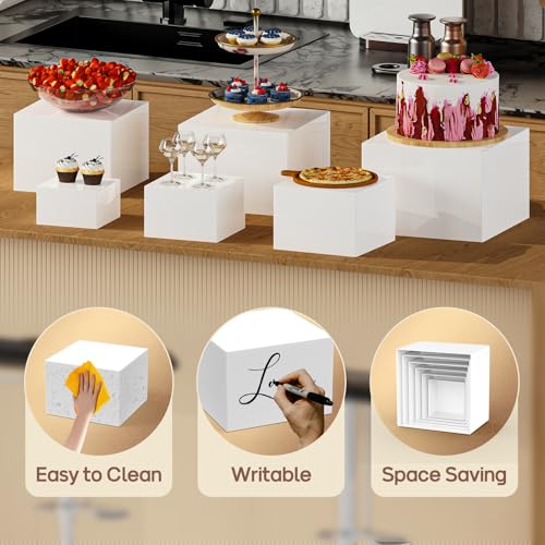 Image of 6 PCS Buffet Risers, Large Food Risers for Buffet Table, Display Stand Shelf for Party, Catering, Jewelry & Collectibles, White Acrylic Nesting Boxes for Food Display (10 inch 9 inch 8 inch 7 inch 6 inch 5 inch)