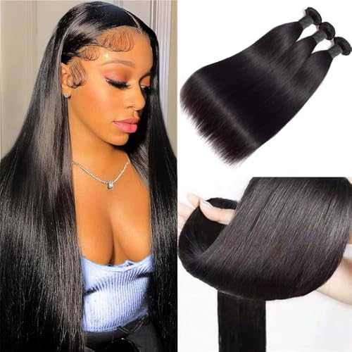 16 18 20 Inch Human Hair Bundles 12A Brazilian Straight Human Hair Bundles 100% Unprocessed Remy Straight Weave Bundles Human Hair Double Weft Hair Bundles 295-300g Total Natural Color