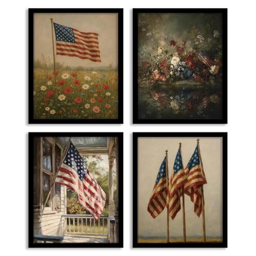 Image of WEFKODO Patriotic Decor Vintage Wall Art for Home Bathroom Bedroom, Vintage Retro America Flag Flower Wall Decor 4th of July Decorations Pictures Posters Prints 4Pcs, 8x10 Inch Unframed