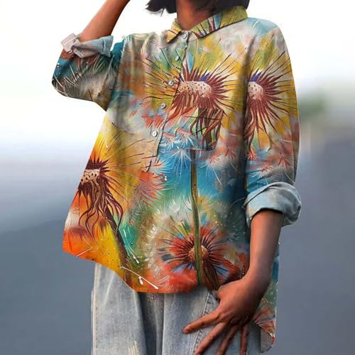Camiseta feminina de manga comprida grande com estampa floral, solta, gola lapela, botões, blusa ele