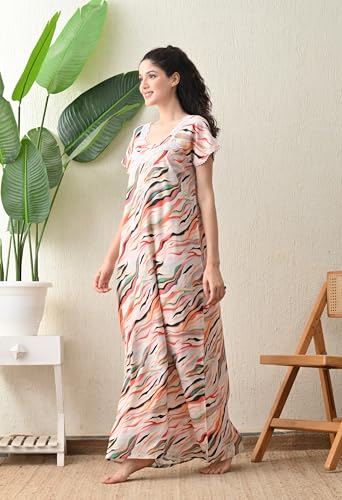 Image of Ichaa Women's Rayon Printed Round-Neck Nighty with Pocket, in Plus Sizes