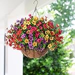 Artificial Faux Hanging Plants Flowers Basket for Summer Outdoor Outside Decoration, Fake Silk UV Sun Resistant Look Real Colorful Daisy Eucalyptus for Porch Home Patio Balcony Yard - Image 2