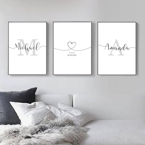Woodkap Decoración artística de pared, iniciales personalizadas para parejas, nombre y fecha, imágenes impresas sin marco, decoraciones de pared