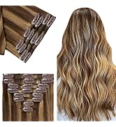 Benehair Human Hair Clip in Extensions Balayage Medium Brown Mix Dark Blonde Highlight Hair Exten...
