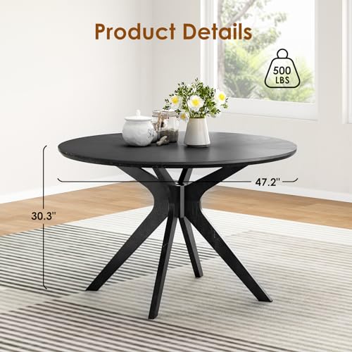 Soohow 47.2\'\' Solid Wood Round Dining Table for 4-6 People,Kitchen Table Round Wood Dining Table with Intersecting Pedestal Base,Black