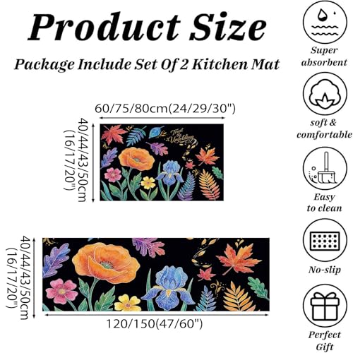 Tapis de cuisine lot de 2 fleurs dessinées à la main noir - 3