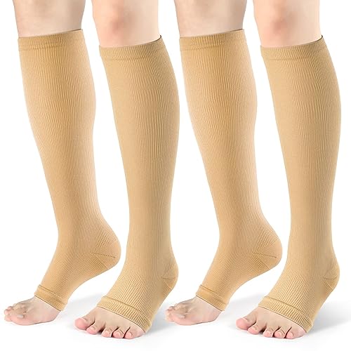 Image of Toeless Compression Socks 15-20 mmHg, 2 Pairs open toe Knee High Support | reduce leg fatigue, and keep feet comfortable for travel, pregnancy, nurses, running