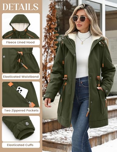 RITOSTA Winterjacke Damen Lang Parka Fleece Gefüttert Damen-Jacken Winter Wintermantel Warm Mantel Hooded Jacket Kapuzenjacke Winterparka Softshellmantel mit Kapuze Taschen(Grün,XXL)