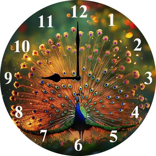 Peacock Wall Clock 25cm Wooden Round No Tick Silent Kitchen Clock Battery Powered Clock for Living Room Bedroom Kitchen