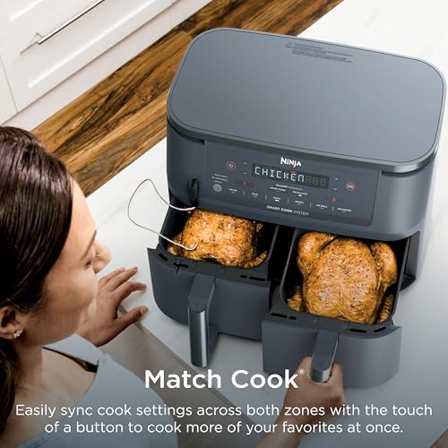 Image of Ninja 6-in-1 10 QT Air Fryer, Foodi Smart Thermometer, Roast, Bake, Air Fry, Crisps, Broil, Reheats, Keep Warm, Fries, Frozen Food, Veggies, & Meat, Light Grey, DZ550​GY (Renewed)
