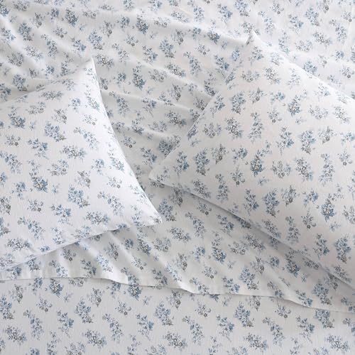 Image of Laura Ashley - Full Sheet Set, Cotton Flannel Bedding, Brushed for Extra Softness & Comfort (Audrey Blue, Full)