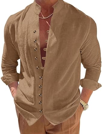 LIZALIG Mens Casual Retro Shirt Long-Sleeved Button-Down Stand-up Collar Plain Loose-Fitting Shirts for Vacations