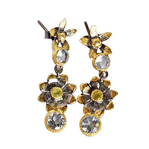 Boucles d'oreilles pendantes topaze bleue anti-allergie argent plaqué or