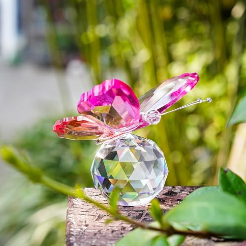 Image of Rose Red and Pink Crystal Butterfly with Ball Base Figurine Decor | Rose Red and Pink Crystal Butterfly Figurine with Ball Base Glass Animal Ornament for Home Office Desk Shelf Display